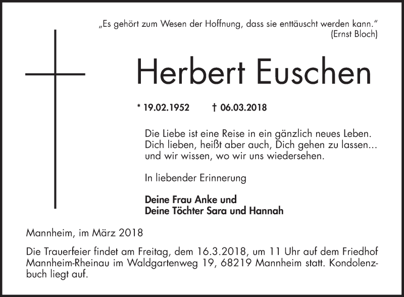  Traueranzeige für Herbert Euschen vom 10.03.2018 aus Mannheimer Morgen