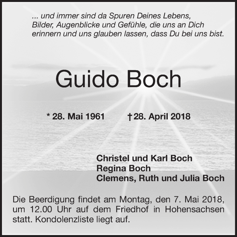  Traueranzeige für Guido Boch vom 03.05.2018 aus Mannheimer Morgen