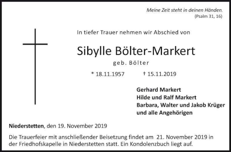  Traueranzeige für Sibylle Bölter-Markert vom 19.11.2019 aus Fränkische Nachrichten