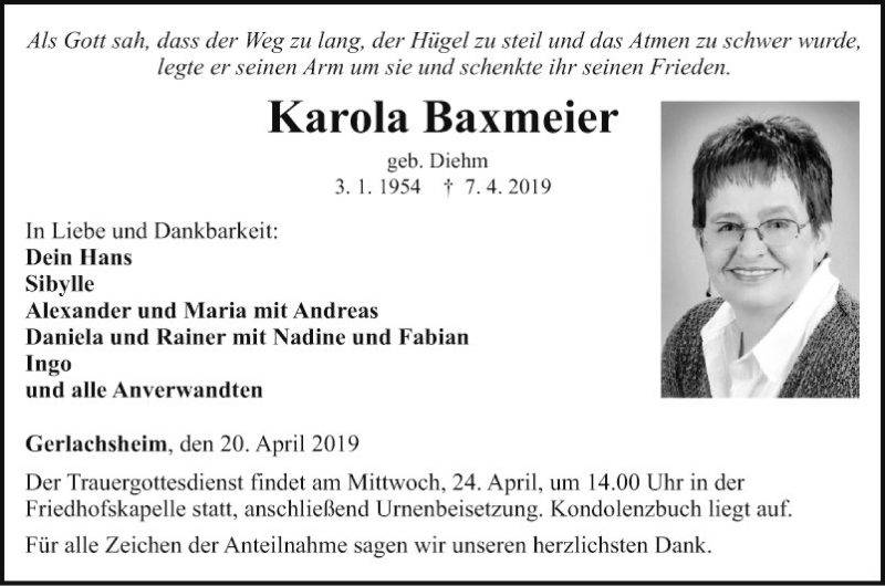  Traueranzeige für Karola Baxmeier vom 20.04.2019 aus Fränkische Nachrichten