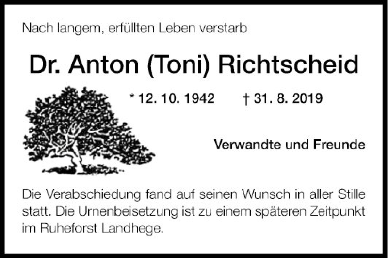  Traueranzeige für Anton  Richtscheid vom 28.09.2019 aus Fränkische Nachrichten