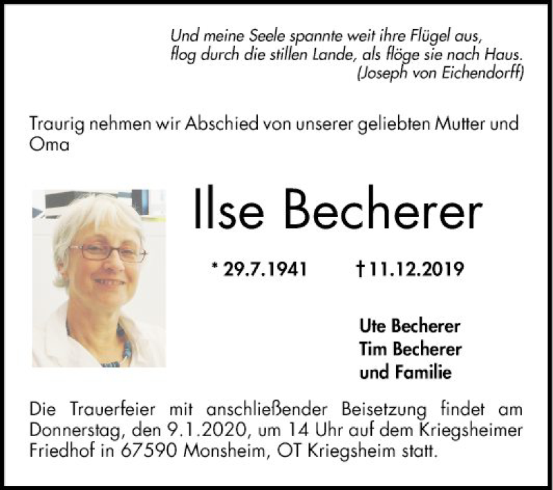  Traueranzeige für Ilse Becherer vom 04.01.2020 aus Mannheimer Morgen