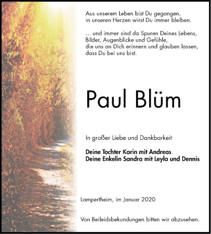  Traueranzeige für Paul Blüm vom 11.01.2020 aus Südhessen Morgen