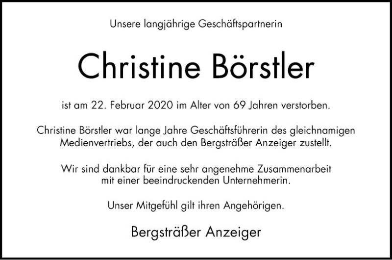  Traueranzeige für Christine Börstler vom 25.02.2020 aus Mannheimer Morgen