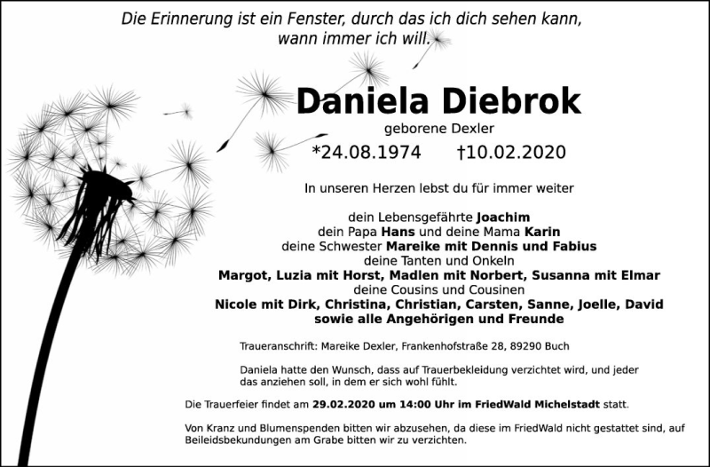  Traueranzeige für Daniela Diebrok vom 22.02.2020 aus Bergsträßer Anzeiger