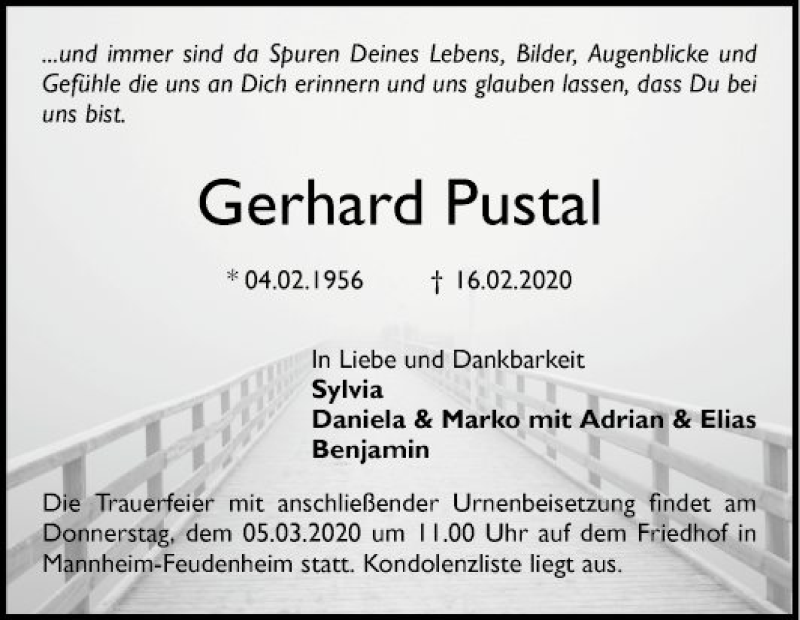  Traueranzeige für Gerhard Pustal vom 22.02.2020 aus Mannheimer Morgen