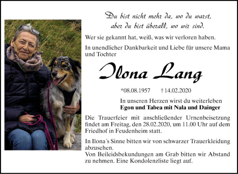 Traueranzeige für Ilona Lang vom 22.02.2020 aus Mannheimer Morgen