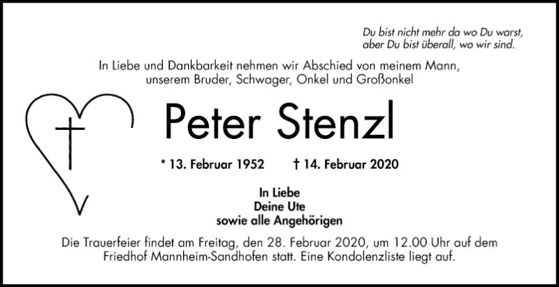  Traueranzeige für Peter Stenzl vom 22.02.2020 aus Mannheimer Morgen