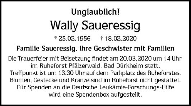  Traueranzeige für Wally Saueressig vom 22.02.2020 aus Mannheimer Morgen