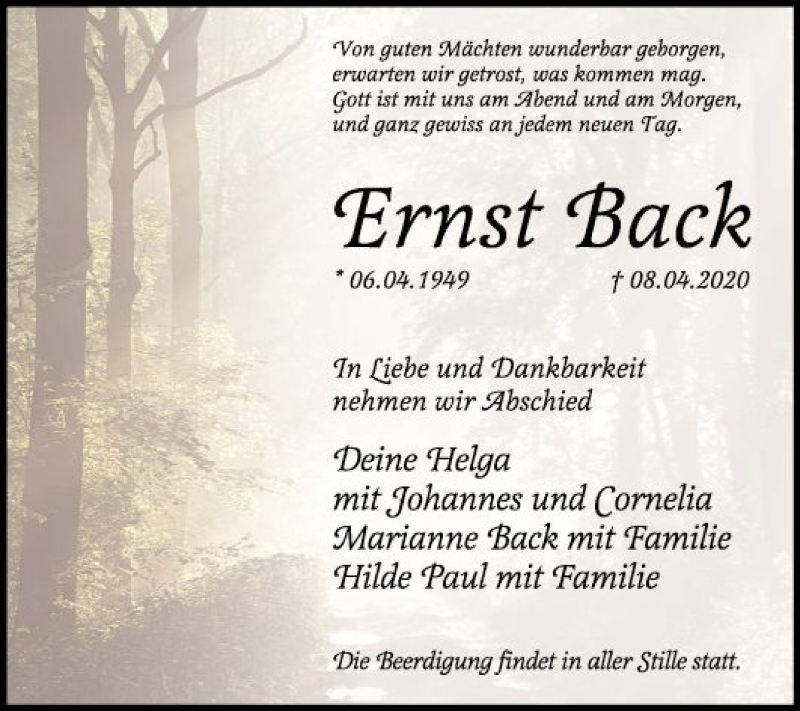  Traueranzeige für Ernst Back vom 16.04.2020 aus Mannheimer Morgen