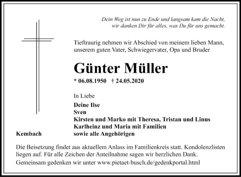  Traueranzeige für Günter Müller vom 28.05.2020 aus Fränkische Nachrichten