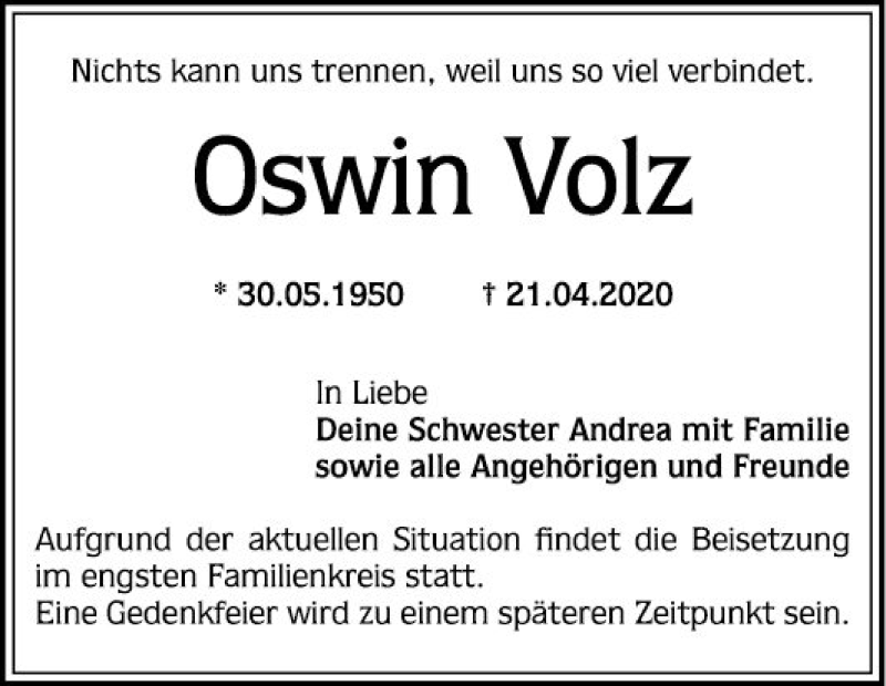  Traueranzeige für Oswin Volz vom 02.05.2020 aus Mannheimer Morgen