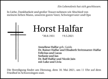 Traueranzeige von Horst Halfar von Schwetzinger Zeitung