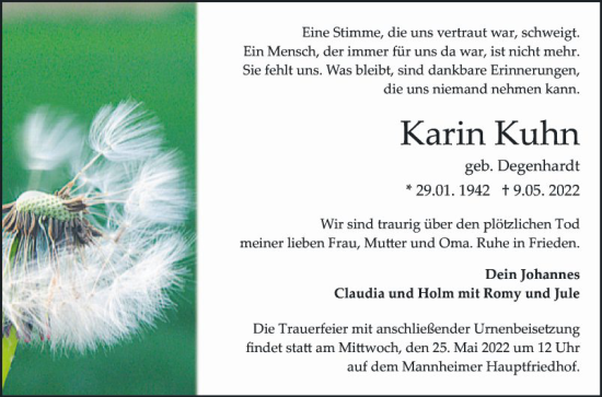 Traueranzeige von Karin Kuhn von Mannheimer Morgen