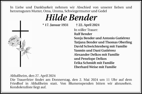 Traueranzeige von Hilde Bender von Schwetzinger Zeitung