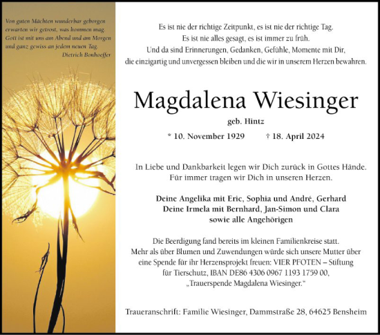 Traueranzeige von Magdalena Wiesinger von Bergsträßer Anzeiger