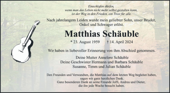 Traueranzeige von Matthias Schäuble von Schwetzinger Zeitung