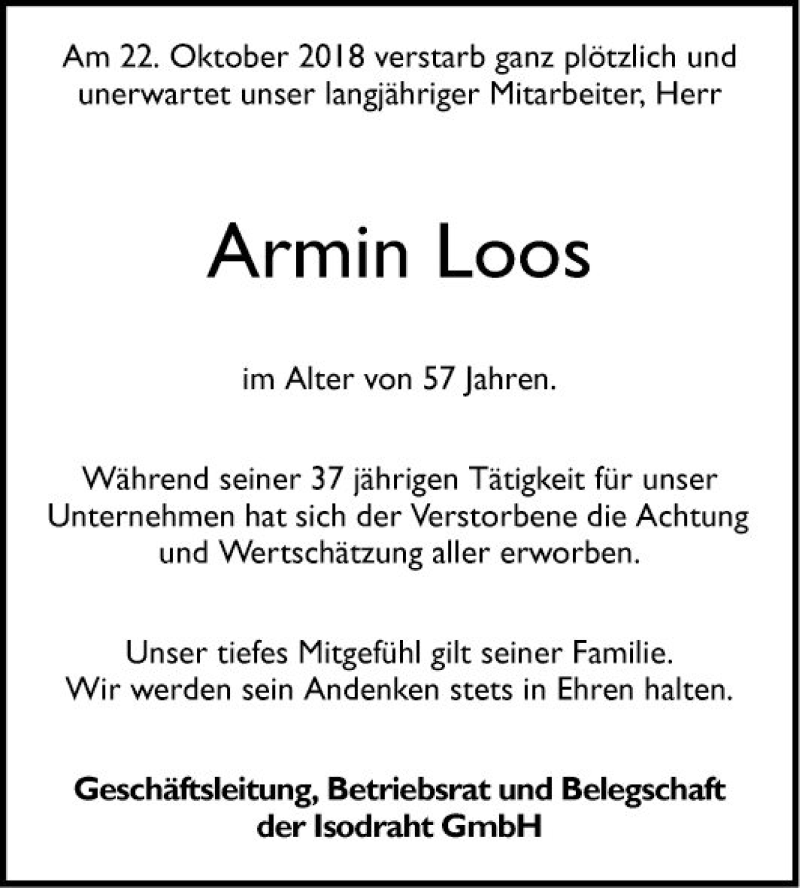  Traueranzeige für Armin Loos vom 27.10.2018 aus Mannheimer Morgen