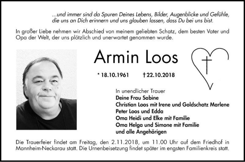  Traueranzeige für Armin Loos vom 27.10.2018 aus Mannheimer Morgen