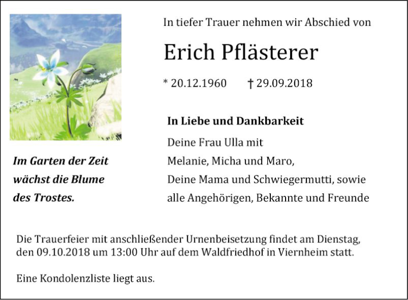  Traueranzeige für Erich Pflästerer vom 06.10.2018 aus Südhessen Morgen