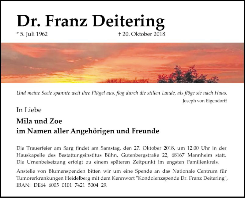  Traueranzeige für Franz Deitering vom 24.10.2018 aus Mannheimer Morgen