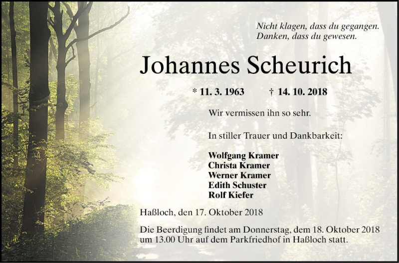  Traueranzeige für Johannes Scheurich vom 17.10.2018 aus Mannheimer Morgen