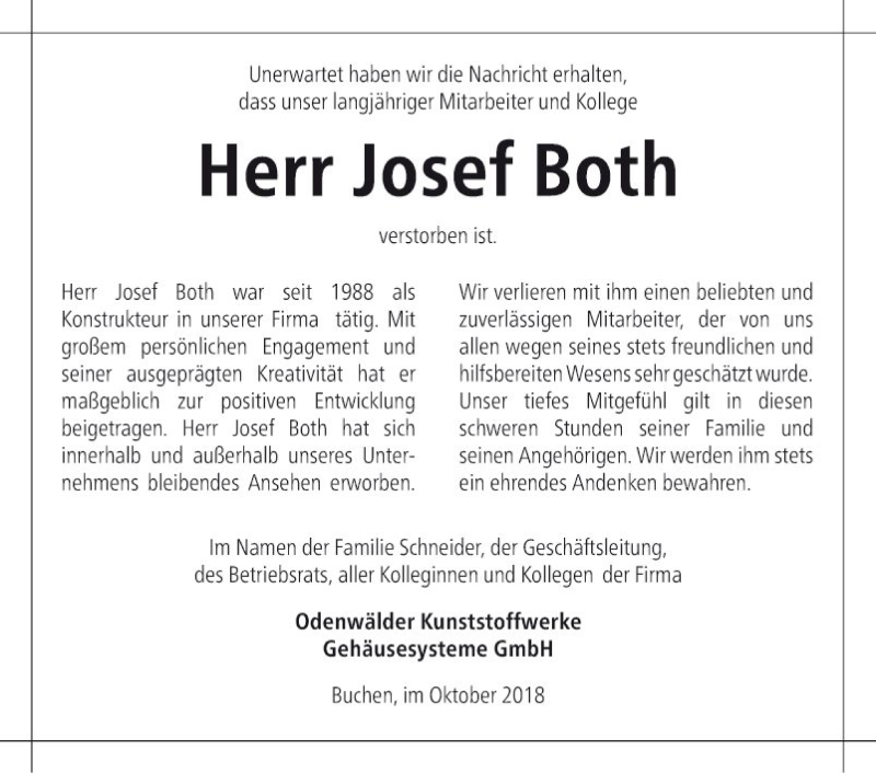  Traueranzeige für Josef Both vom 22.10.2018 aus Fränkische Nachrichten
