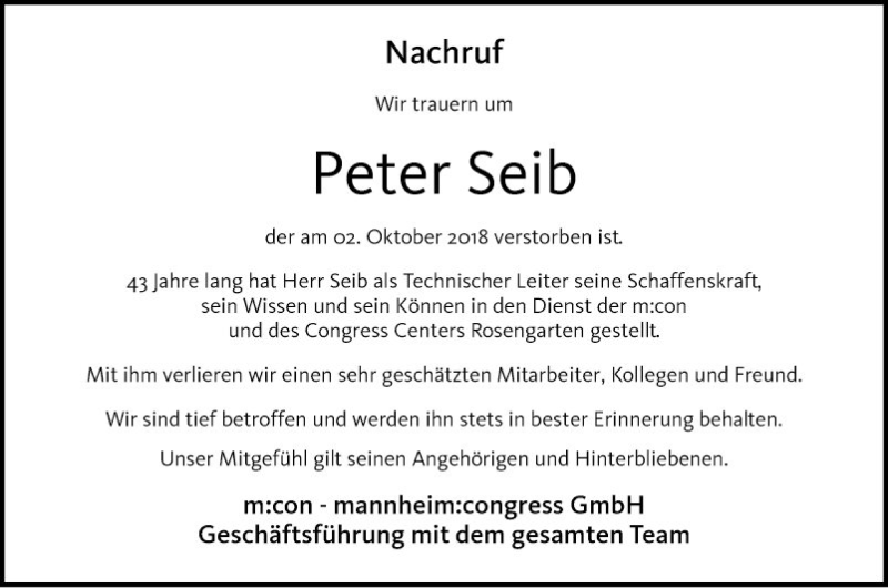  Traueranzeige für Peter Seib vom 16.10.2018 aus Mannheimer Morgen