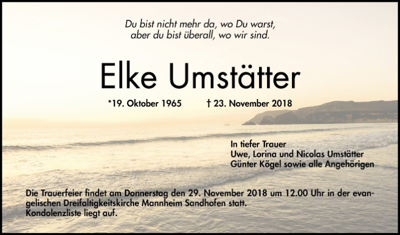  Traueranzeige für Elke Umstätter vom 27.11.2018 aus Mannheimer Morgen