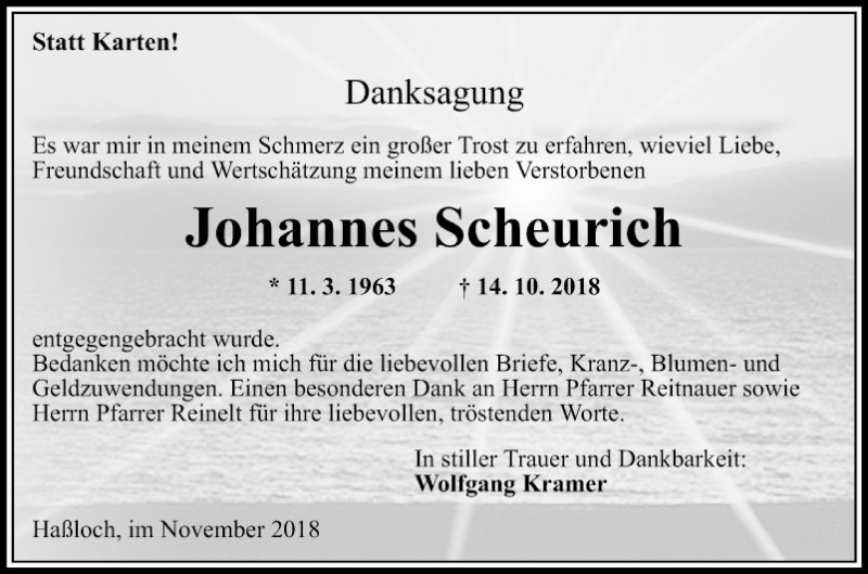  Traueranzeige für Johannes Scheurich vom 09.11.2018 aus Mannheimer Morgen