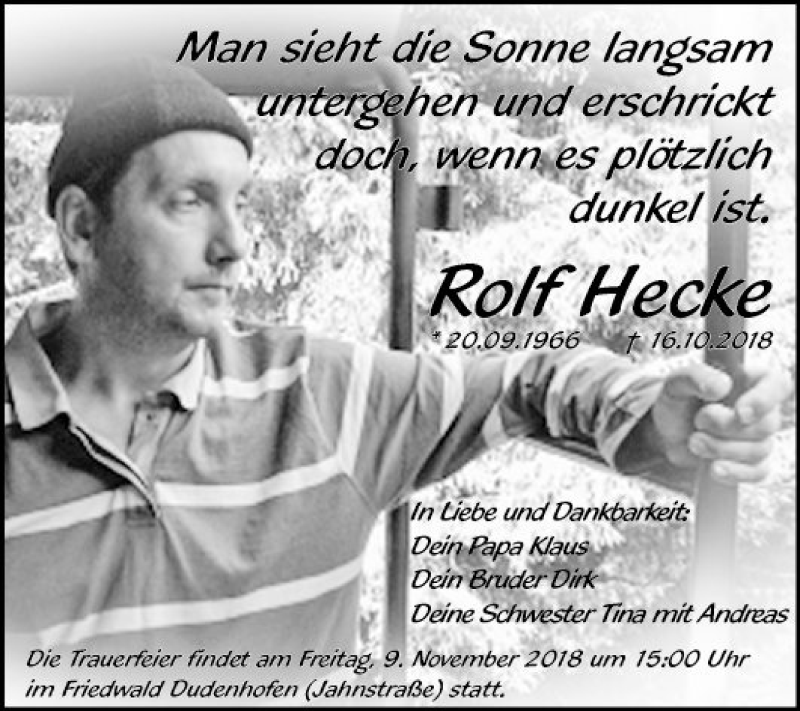  Traueranzeige für Rolf Hecke vom 06.11.2018 aus Mannheimer Morgen