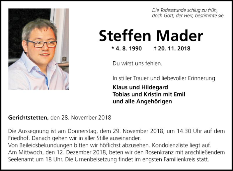  Traueranzeige für Steffen Mader vom 28.11.2018 aus Fränkische Nachrichten