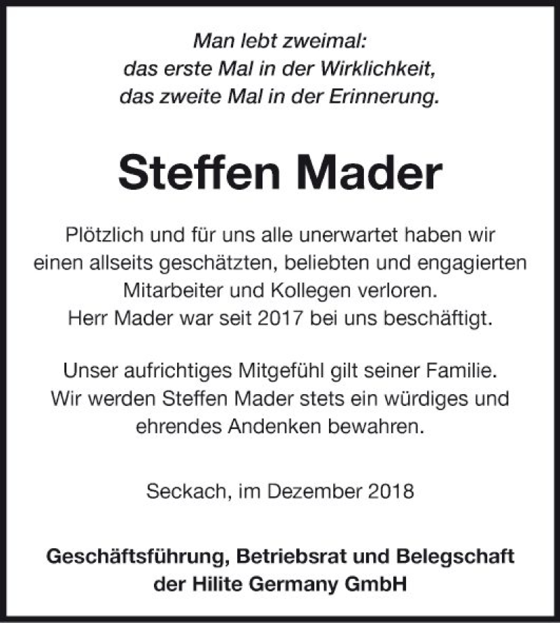  Traueranzeige für Steffen Mader vom 01.12.2018 aus Fränkische Nachrichten