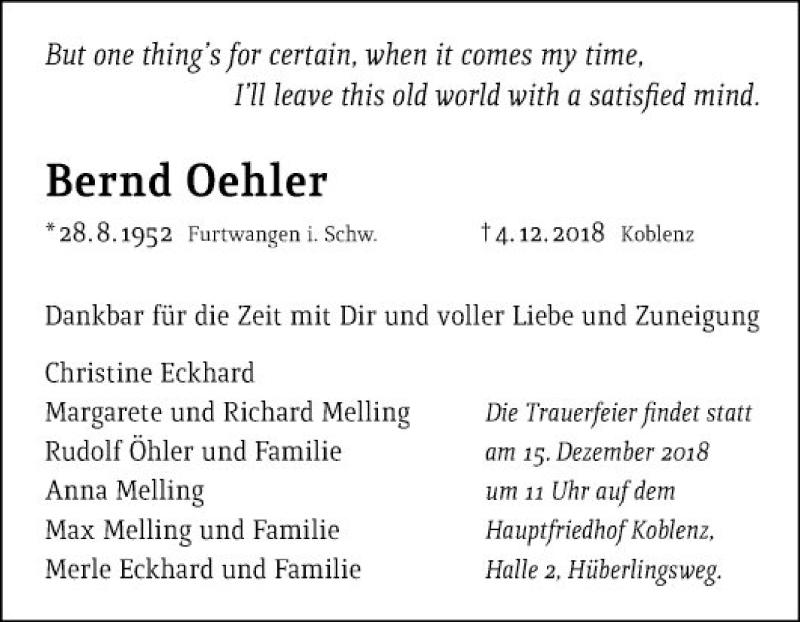  Traueranzeige für Bernd Oehler vom 08.12.2018 aus Mannheimer Morgen