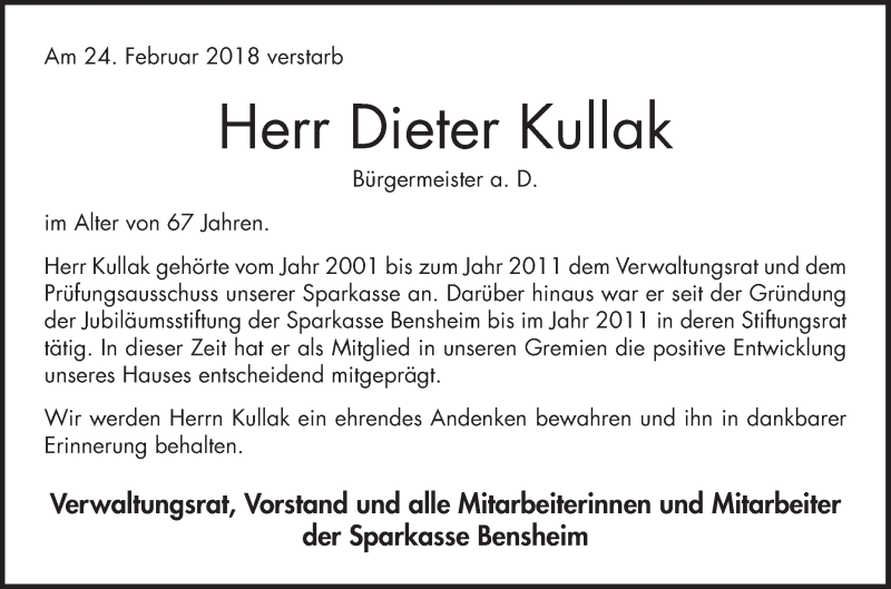  Traueranzeige für Dieter Kullak vom 28.02.2018 aus Bergsträßer Anzeiger
