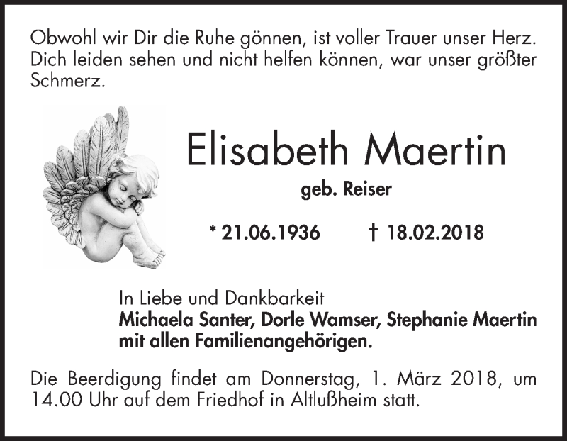  Traueranzeige für Elisabeth Maertin vom 24.02.2018 aus Schwetzinger Zeitung