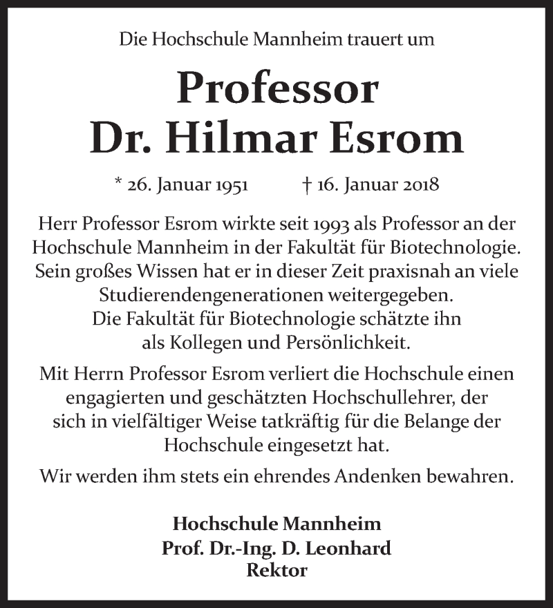  Traueranzeige für Hilmar Esrom vom 20.01.2018 aus Mannheimer Morgen / Schwetzinger Zeitung