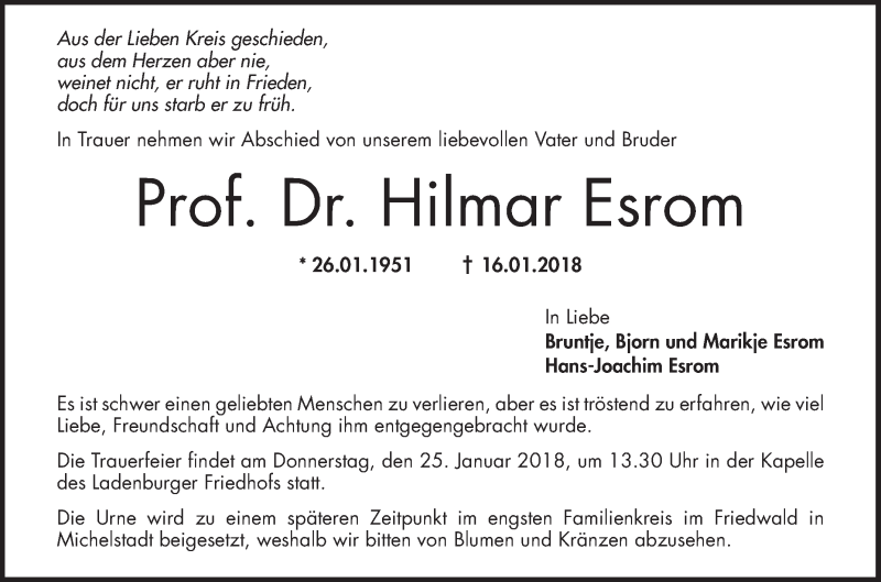  Traueranzeige für Hilmar Esrom vom 20.01.2018 aus Mannheimer Morgen / Schwetzinger Zeitung