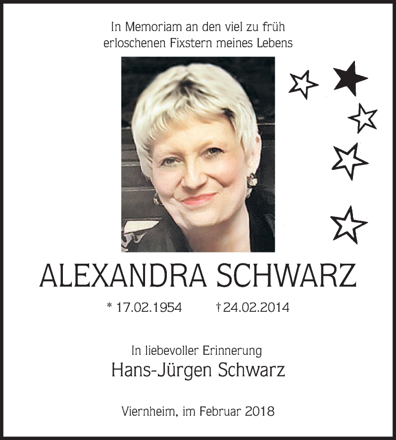  Traueranzeige für Alexandra Schwarz vom 24.02.2018 aus Mannheimer Morgen