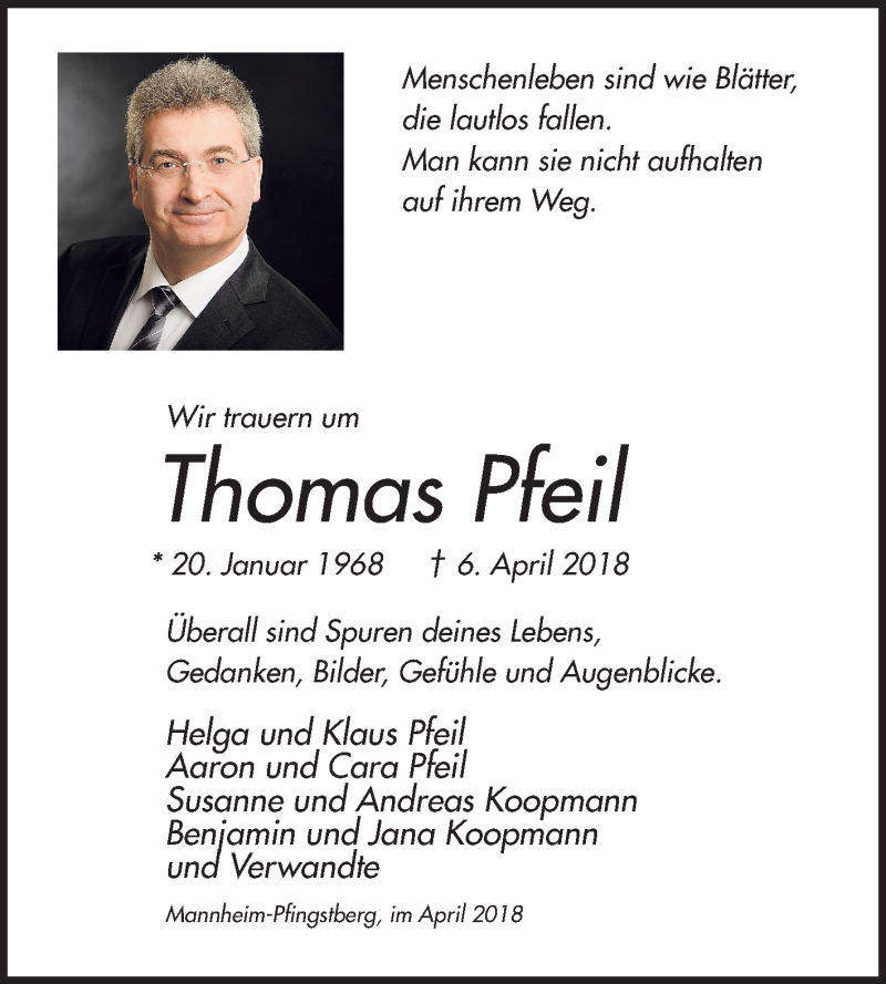  Traueranzeige für Thomas Pfeil vom 14.04.2018 aus Mannheimer Morgen