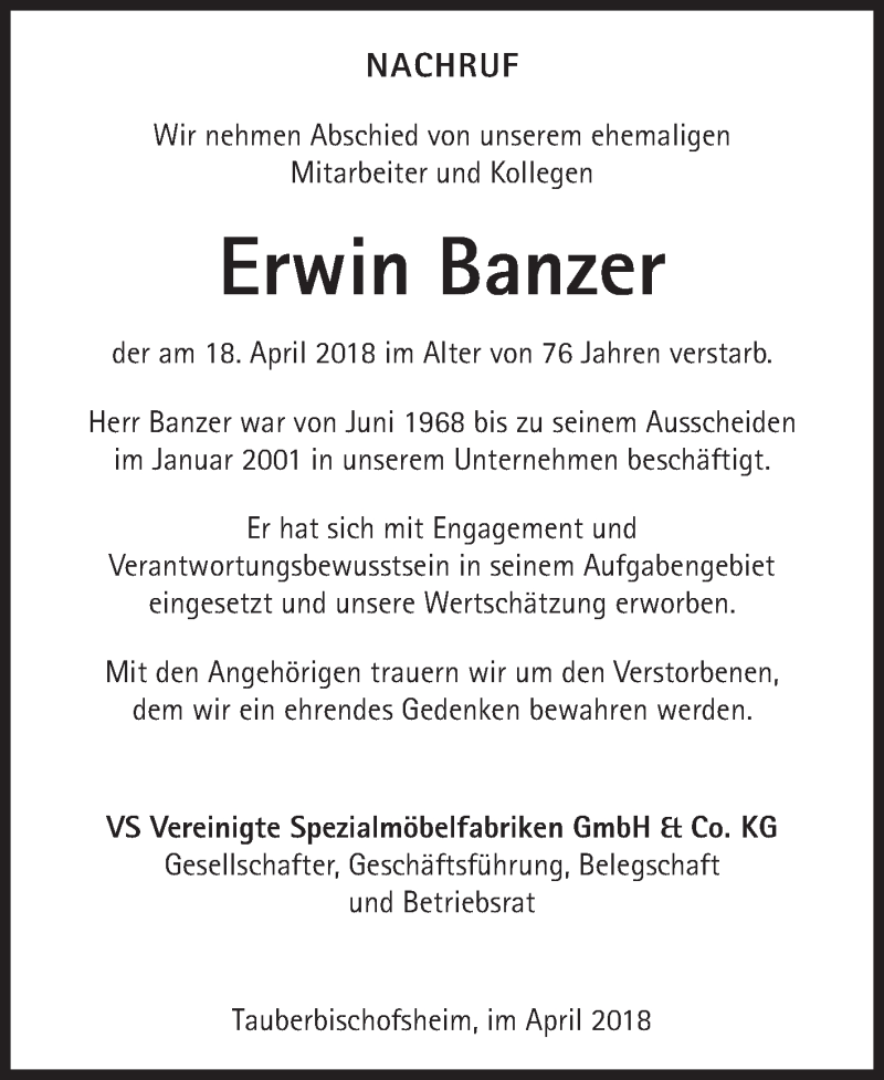  Traueranzeige für Erwin Banzer vom 04.05.2018 aus Fränkische Nachrichten
