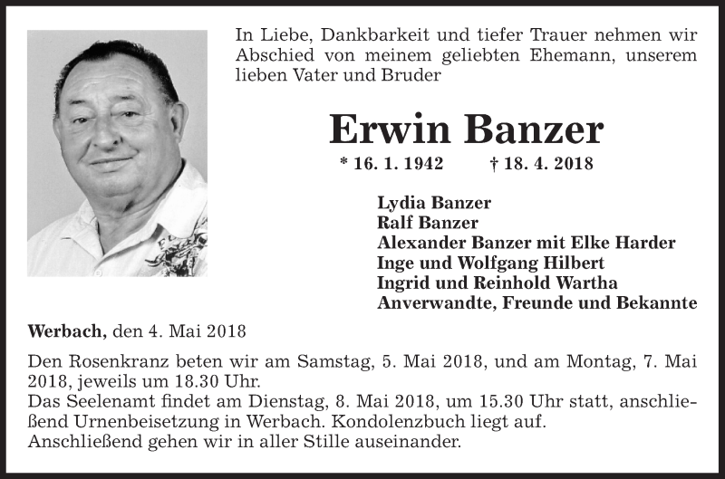  Traueranzeige für Erwin Banzer vom 04.05.2018 aus Fränkische Nachrichten