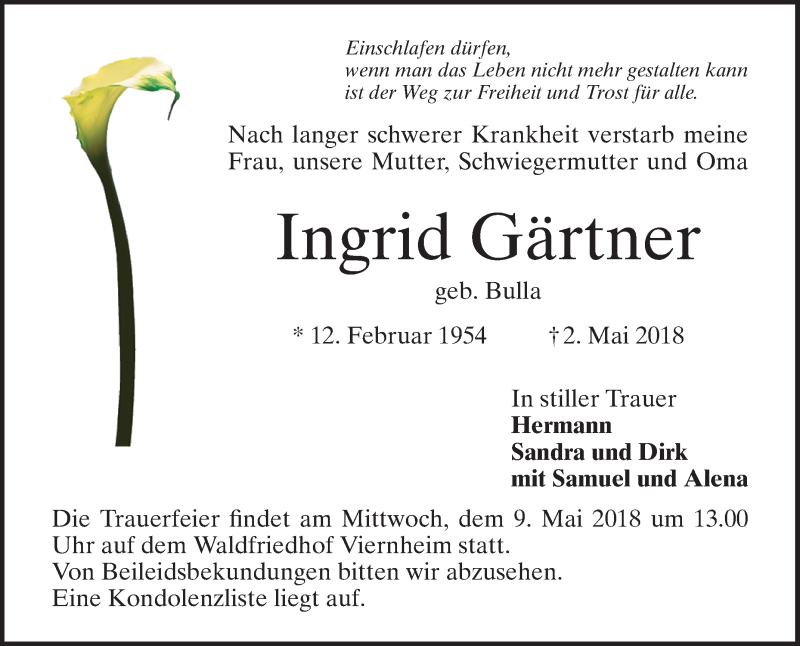  Traueranzeige für Ingrid Gärtner vom 05.05.2018 aus Südhessen Morgen