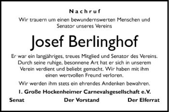 Traueranzeige von Josef Berlinghof von Schwetzinger Zeitung