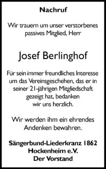 Traueranzeige von Josef Berlinghof von Schwetzinger Zeitung