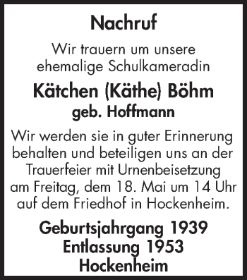 Traueranzeige von Kätchen Böhm von Schwetzinger Zeitung
