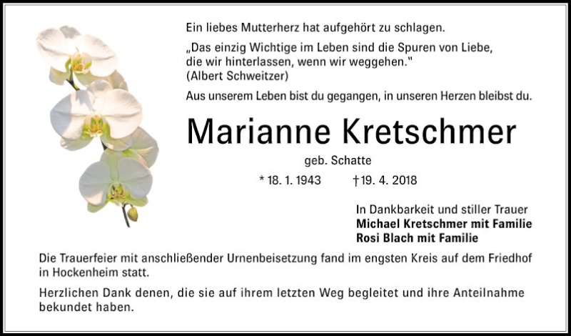  Traueranzeige für Marianne Kretschmer vom 19.05.2018 aus Schwetzinger Zeitung