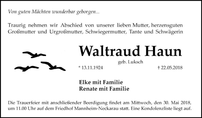  Traueranzeige für Waltraud Haun vom 26.05.2018 aus Mannheimer Morgen