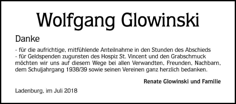  Traueranzeige für Wolfgang Glowinski vom 07.07.2018 aus Mannheimer Morgen