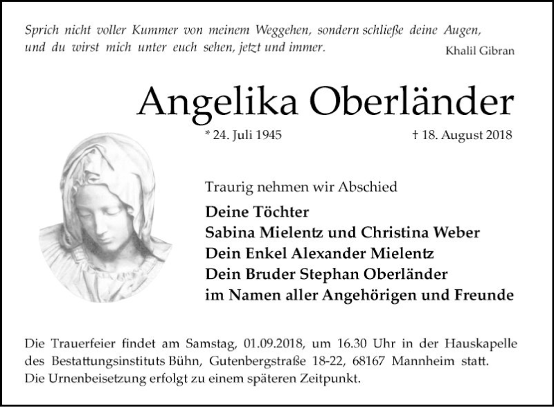 Traueranzeige für Angelika Oberländer vom 25.08.2018 aus Mannheimer Morgen